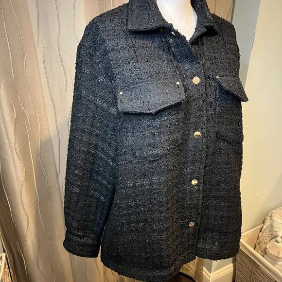 Zara Black Tweed Oversized Shirt Jacket, Size Small - Picture 8 of 16